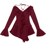Vestido mini con volantes, cuello en V, manga larga acampanada y lazo anudado 