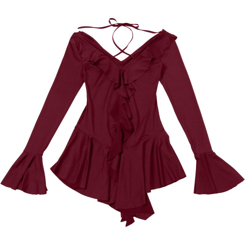 Vestido mini con volantes, cuello en V, manga larga acampanada y lazo anudado 