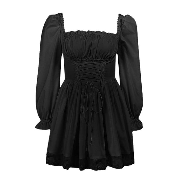 Vestido mini de manga larga con fruncido y dobladillo de encaje 