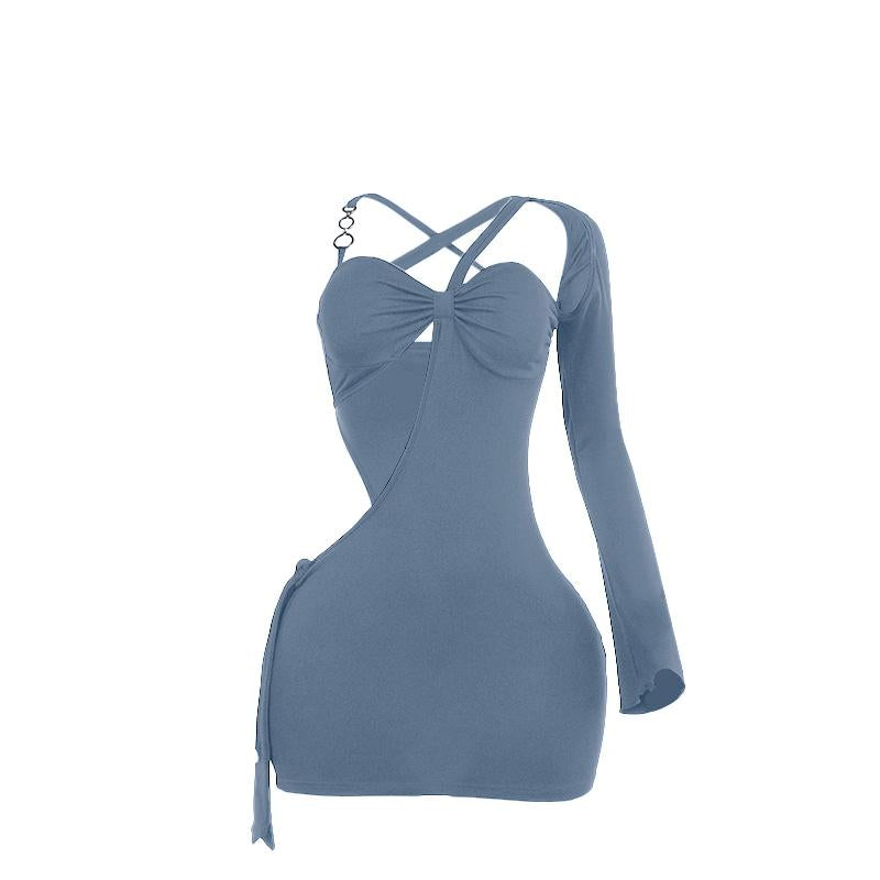 Irregular long sleeve hollow out o ring mini dress