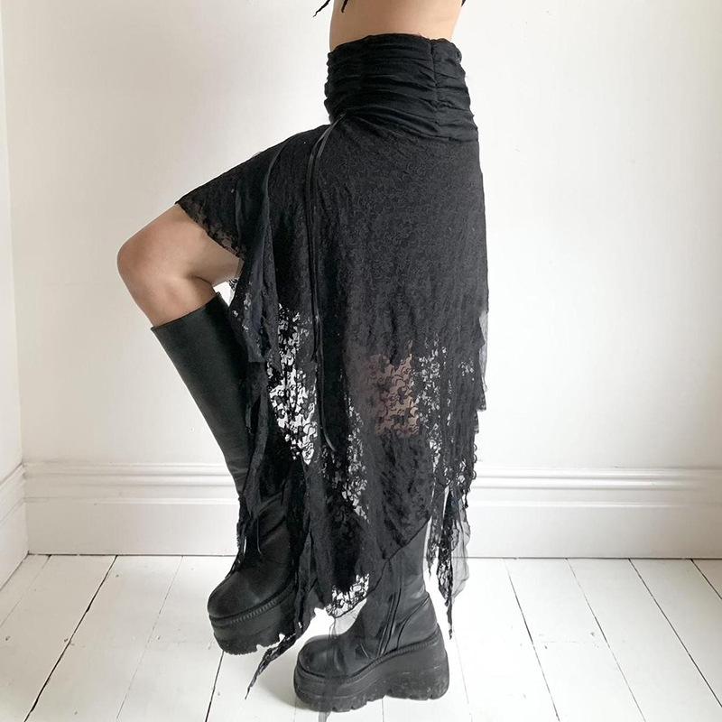 Falda midi lisa con lazo irregular y encaje fruncido 