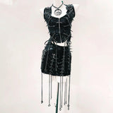 Zip-up v neck metal chain rivet applique mini skirt set
