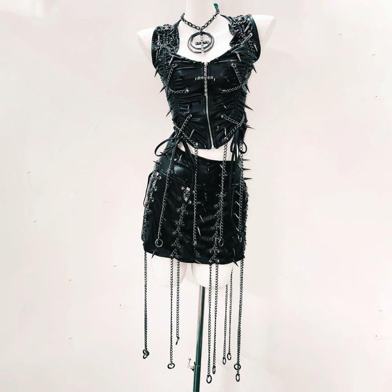 Zip-up v neck metal chain rivet applique mini skirt set