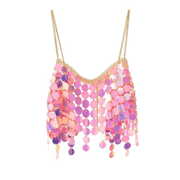 Top camisola con cuello en V calado y cadena de metal brillante 