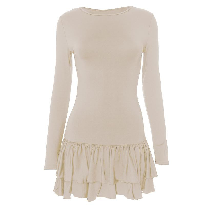 Ruched long sleeve crewneck solid mini dress