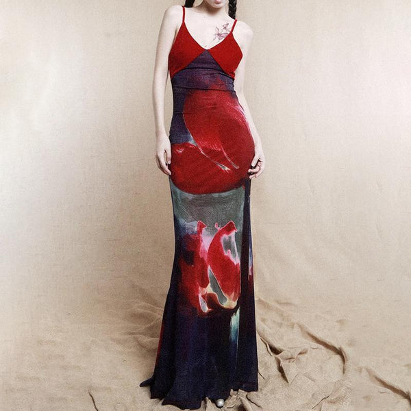 Robe longue camisole zippée en velours à imprimé floral et col en V 