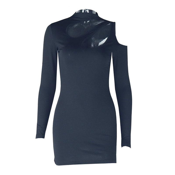 Long sleeve hollow out irregular solid mini dress