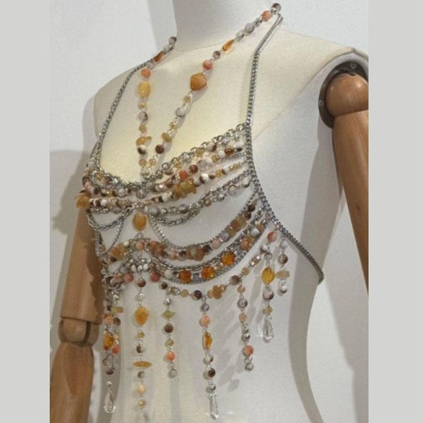 Hollow out halter metal chain beaded top
