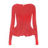 Ruched long sleeve round neck hollow out ruffle top