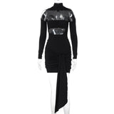 Vestido mini fruncido de manga larga con cuello alto y aberturas 