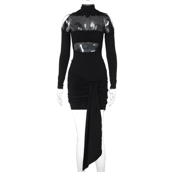 Vestido mini fruncido de manga larga con cuello alto y aberturas 