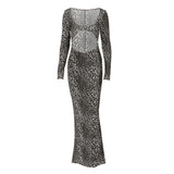 Long sleeve leopard print hollow out u neck maxi dress