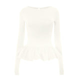 Ruched long sleeve round neck hollow out ruffle top