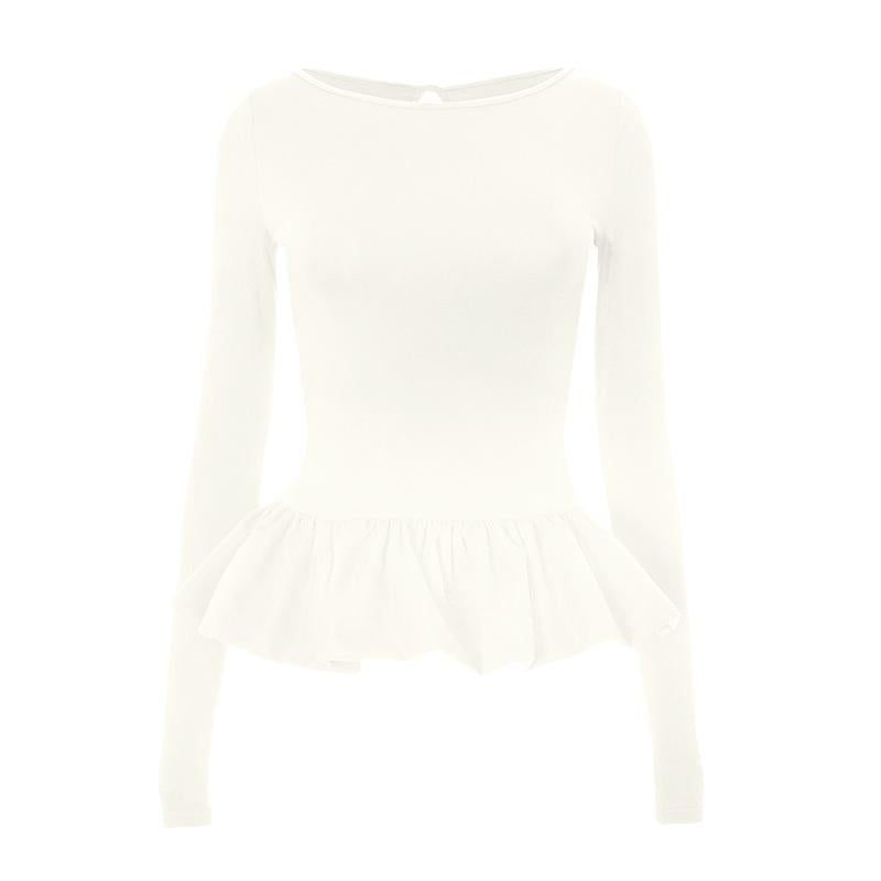 Ruched long sleeve round neck hollow out ruffle top