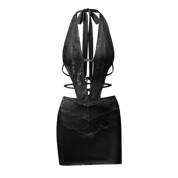 Halter self tie lace hem hollow out mini dress