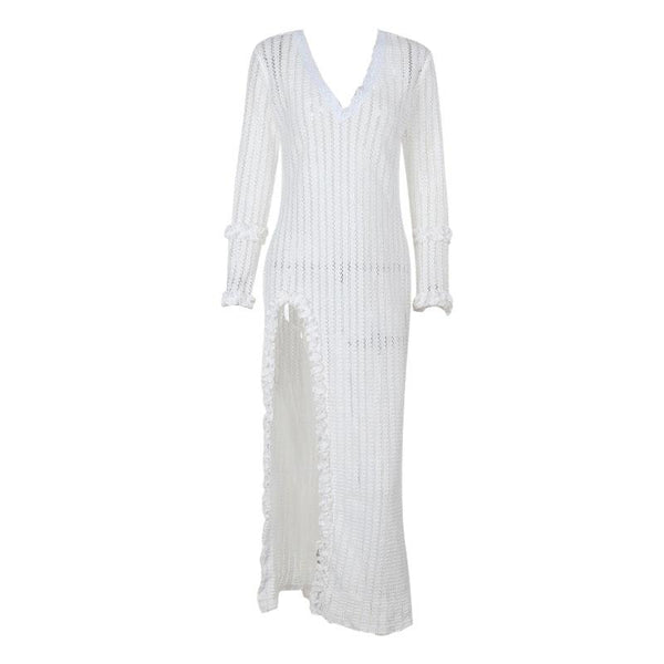Vestido midi de punto con abertura y encaje, cuello en V y manga larga 