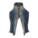 Top vaquero con cuello halter, cremallera, abertura, hebilla y dobladillo sin rematar 