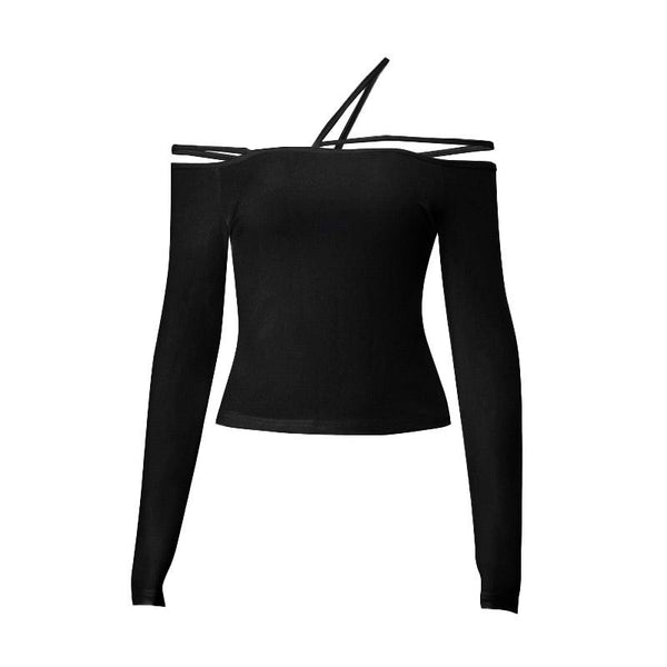 Long sleeve one shoulder hollow out solid top