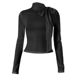 Hollow out bowknot self tie long sleeve solid top