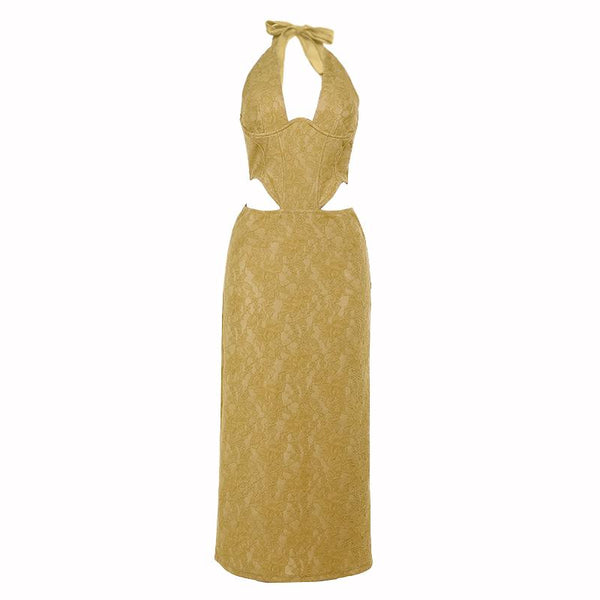 Vestido largo de encaje con cuello halter, abertura, cremallera y lazo 