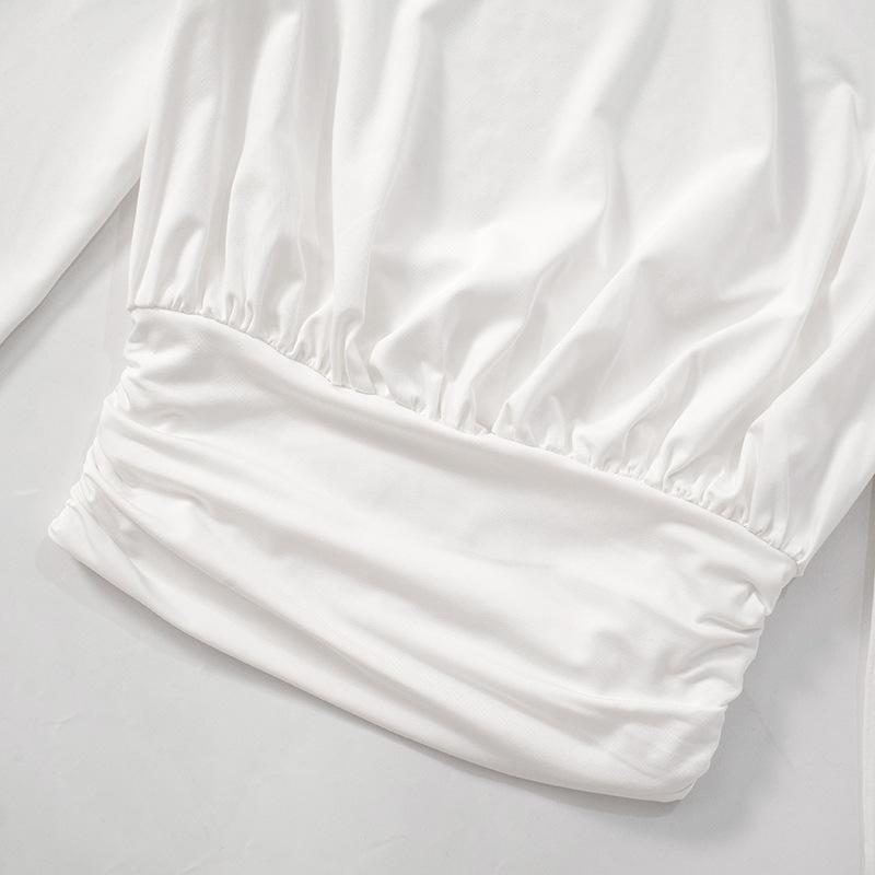 Conjunto de falda larga lisa con cuello redondo y manga larga fruncida 