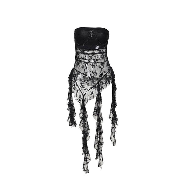 Vestido mini de tubo irregular con apliques cruzados de encaje 