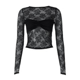Top fruncido con cuello redondo, manga larga y encaje transparente 