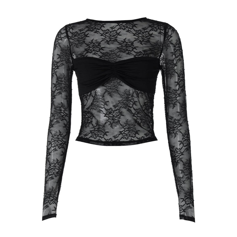 Top fruncido con cuello redondo, manga larga y encaje transparente 