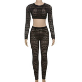 Long sleeve hollow out crewneck medium rise pant set