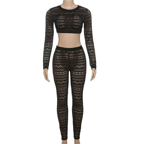 Long sleeve hollow out crewneck medium rise pant set