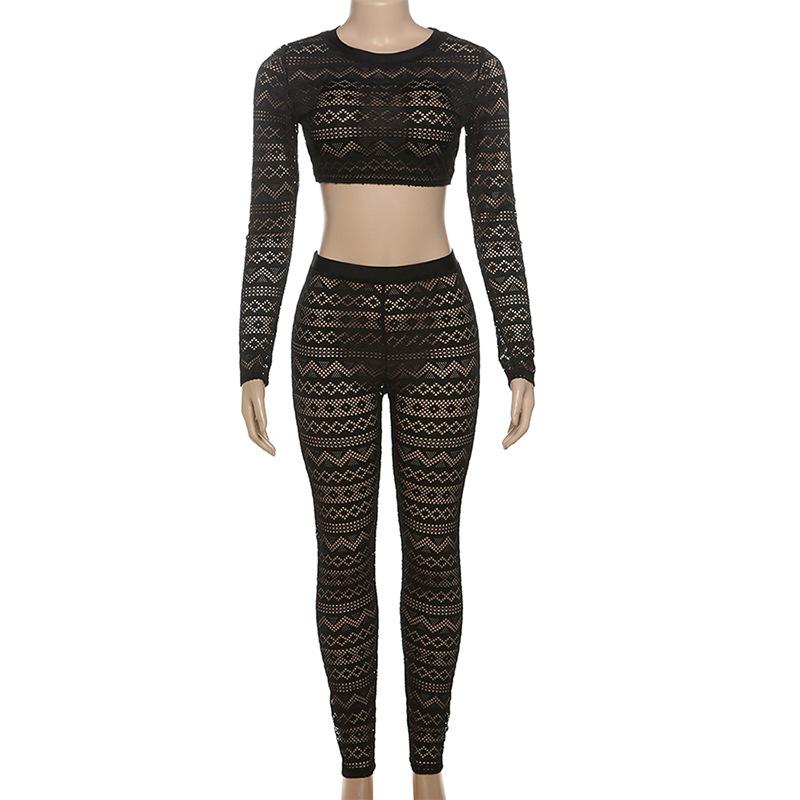 Long sleeve hollow out crewneck medium rise pant set