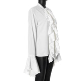 Long flared sleeve ruched ruffle button solid top