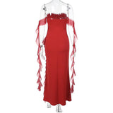 Ruched flower applique slit ruffle maxi dress
