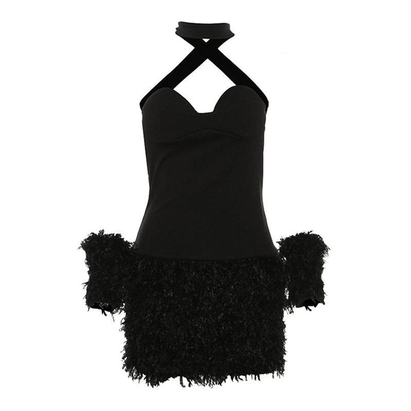 Vestido mini de tubo liso con cuello halter, esponjoso y espalda cruzada 