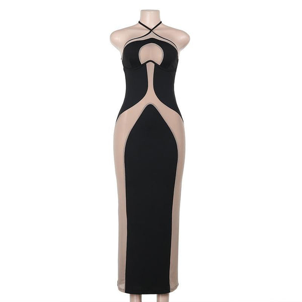 Vestido largo sin espalda con parches de malla y lazo tipo halter 