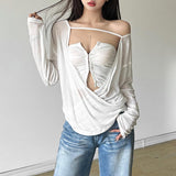 Long sleeve ruched button hollow out 2 piece top