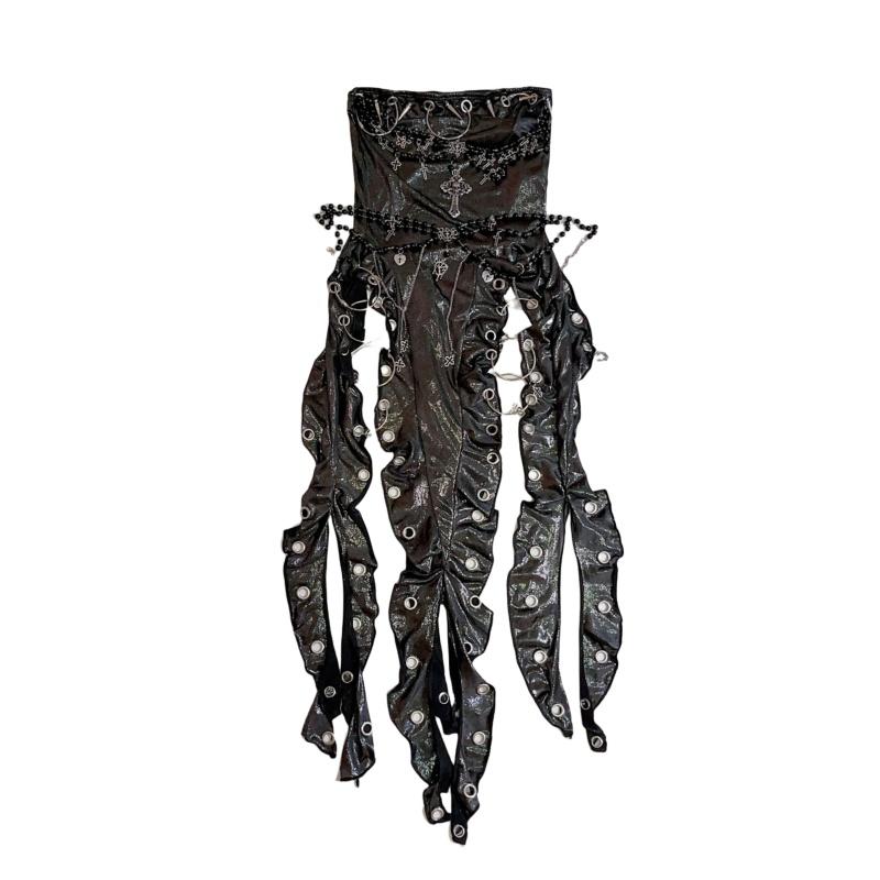 Beaded o ring metal chain cross applique tube mini dress