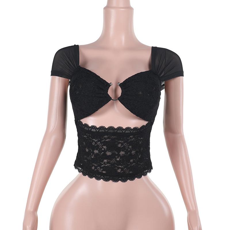 Hollow out lace cap sleeve v neck solid top