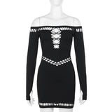 Off shoulder long sleeve gloves hollow out mini dress