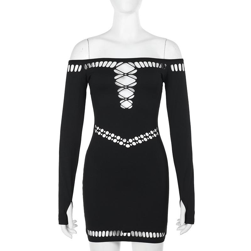 Off shoulder long sleeve gloves hollow out mini dress