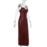 V neck slit zip-up PU leather backless cami midi dress