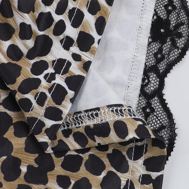 Leopard print lace hem hollow out v neck top