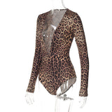 Body con botones, manga larga y escote en V profundo con estampado de leopardo 