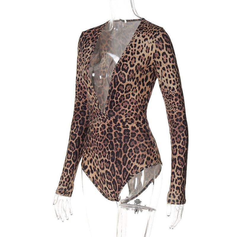 Body con botones, manga larga y escote en V profundo con estampado de leopardo 