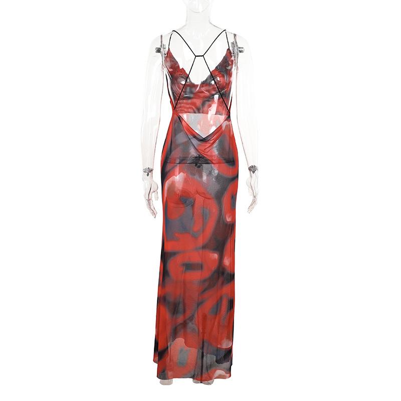 Vestido largo con tirantes finos, estampado de malla transparente y cuello vuelto 