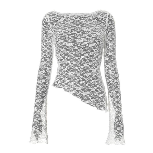 Top liso transparente de encaje de manga larga irregular 