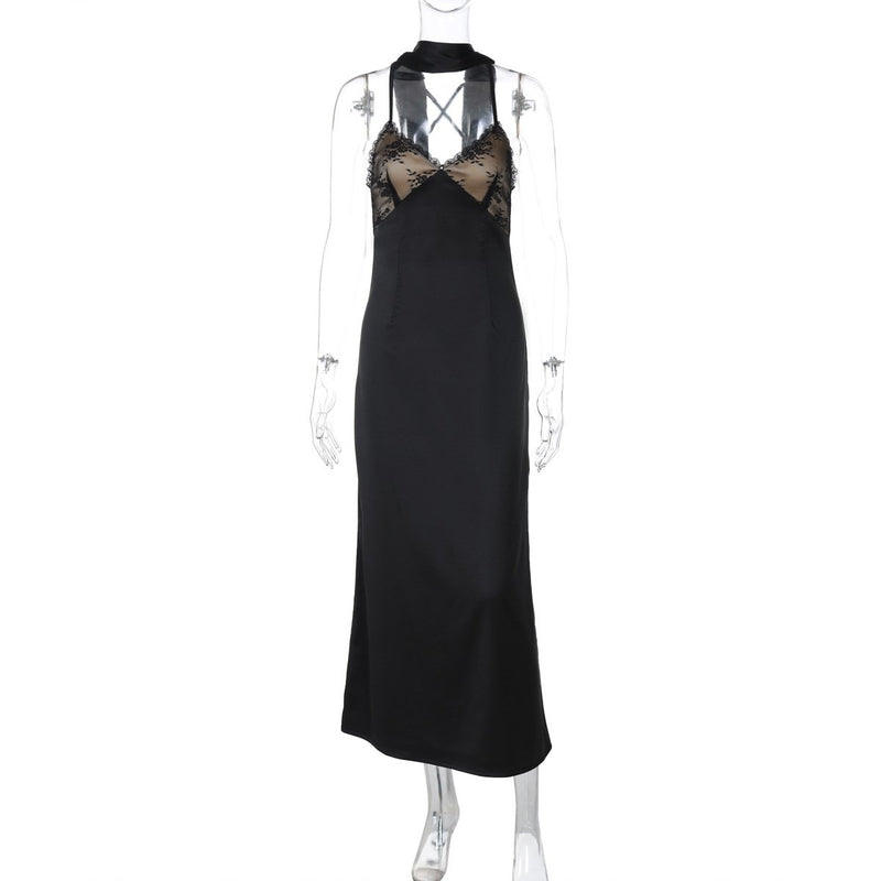 Lace hem v neck zip-up cross back cami maxi dress
