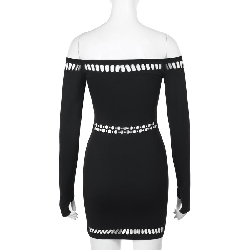 Off shoulder long sleeve gloves hollow out mini dress