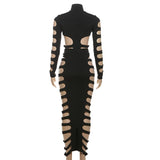 Conjunto de falda maxi con botones, cuello alto y manga larga calada 