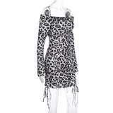 Long sleeve leopard print off shoulder ruched mini dress